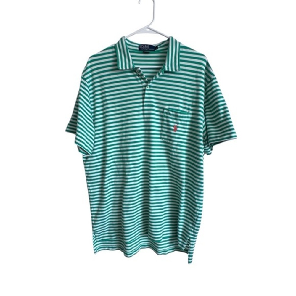 Polo Ralph Lauren VTG Men's Large‎ Green White Striped Polo 100% Cotton Preppy